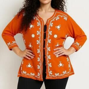 90s KAIL Vintage Orange Cotton Floral Hand Embroidered Button Up Blouse